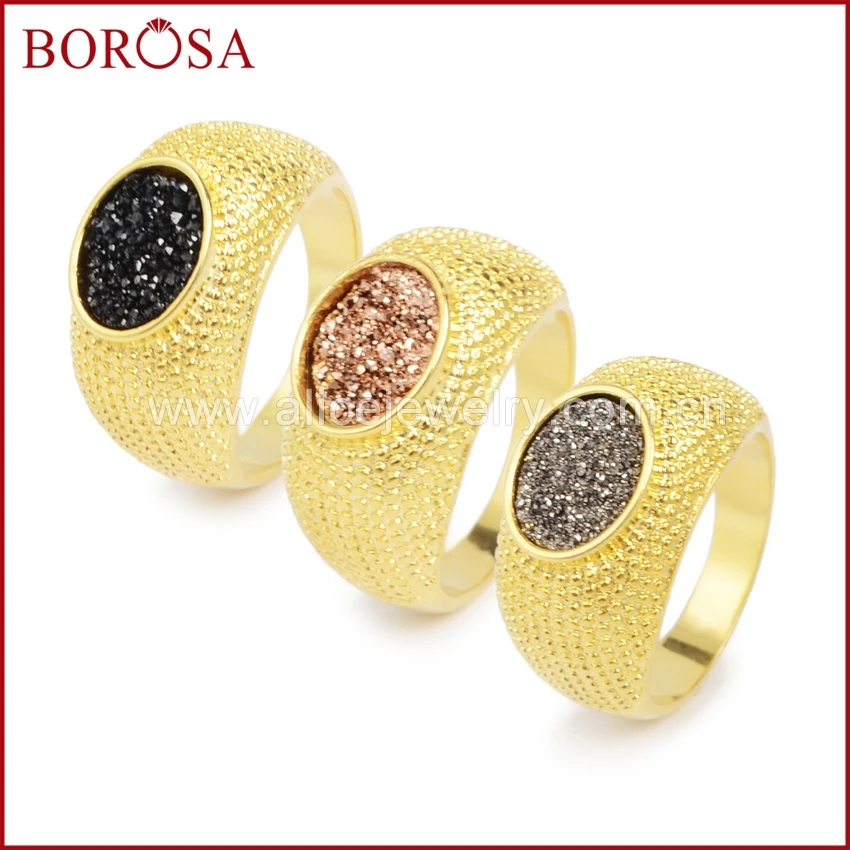 

BOROSA 5PCS New Arrival Druzy Rings Gold Color Bezel Oval Mix Color Titanium Crystal Druzy Ring for Women Gems Jewelry ZG0128