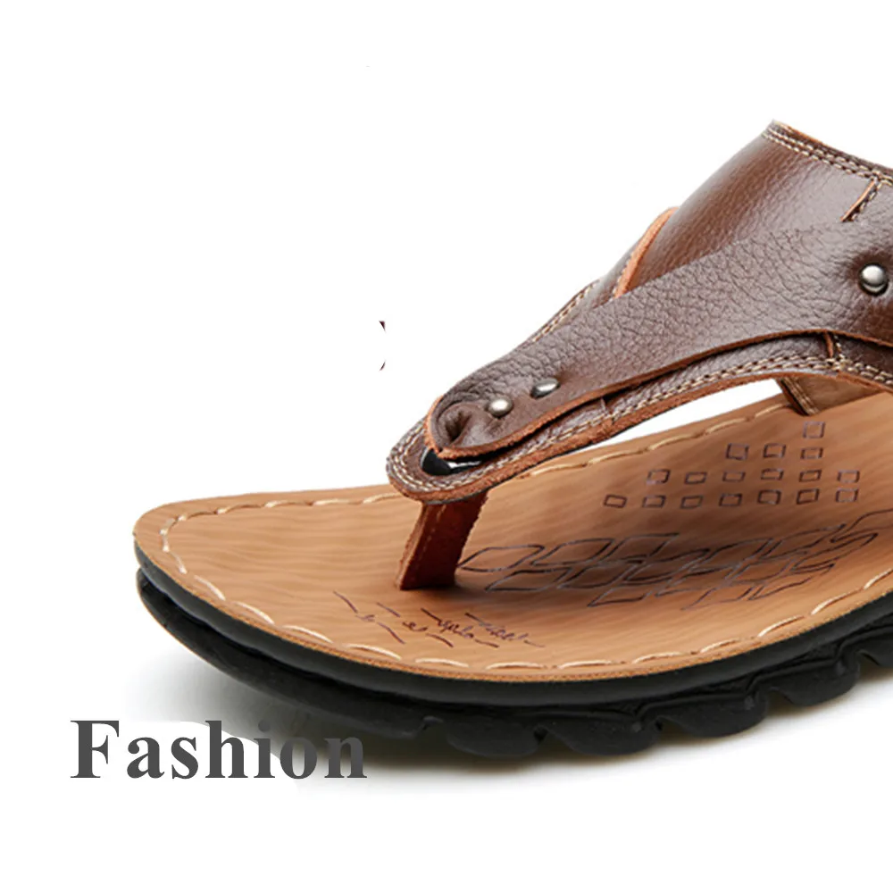Ouvert Mode 14206brown Sandales D'été Brun De Bout Chaussures Hommes Plage En Mâle Pantoufles Brown Noir 2018 Maison Flip Flops Véritable Cuir 14206yellow ZzwqHwWf
