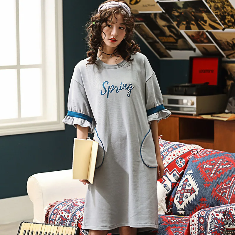 

Nightwear plus size womens pyjama nightwear summer home wear women Round collar Pullover knee nightdress cotton pijama for wome