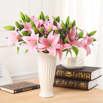 

6pcs/lot Vivid Real Touch 3 Heads Artificial Lily Flower Fake Latex Bridal Bouquet Flowers Home Wedding Decor Office&Home Decor