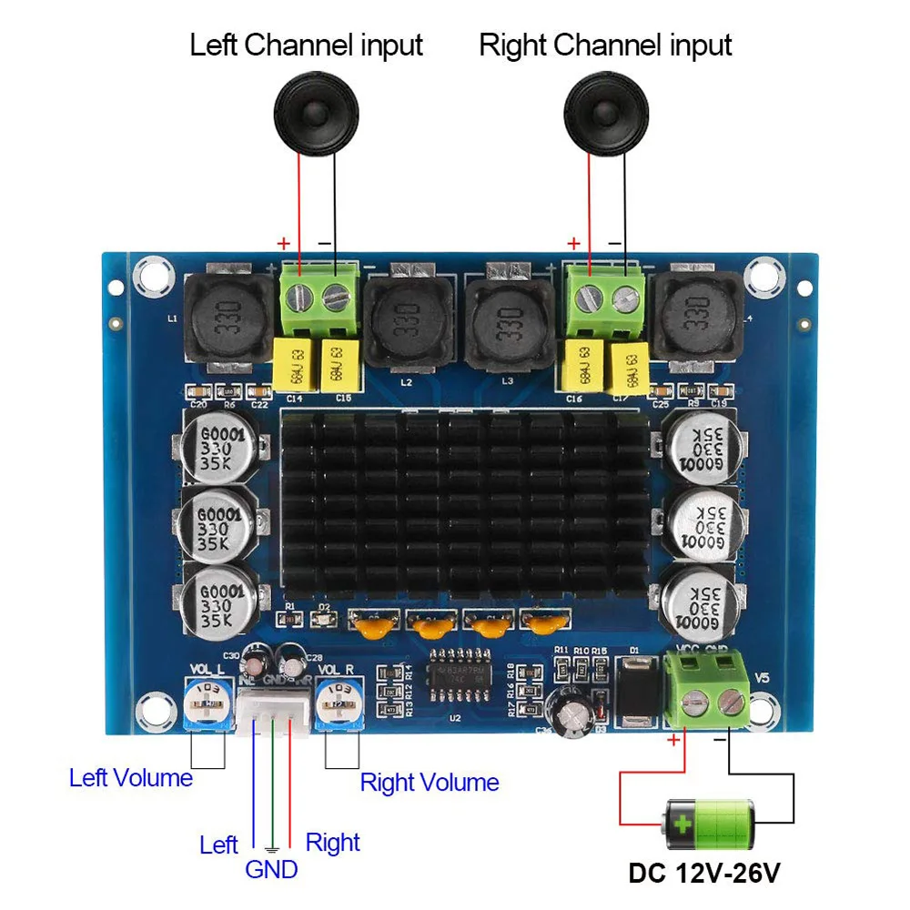 TPA3116D2 2x120W Dual Channel Stereo DC12-26V Digital High Power Amplifier Board