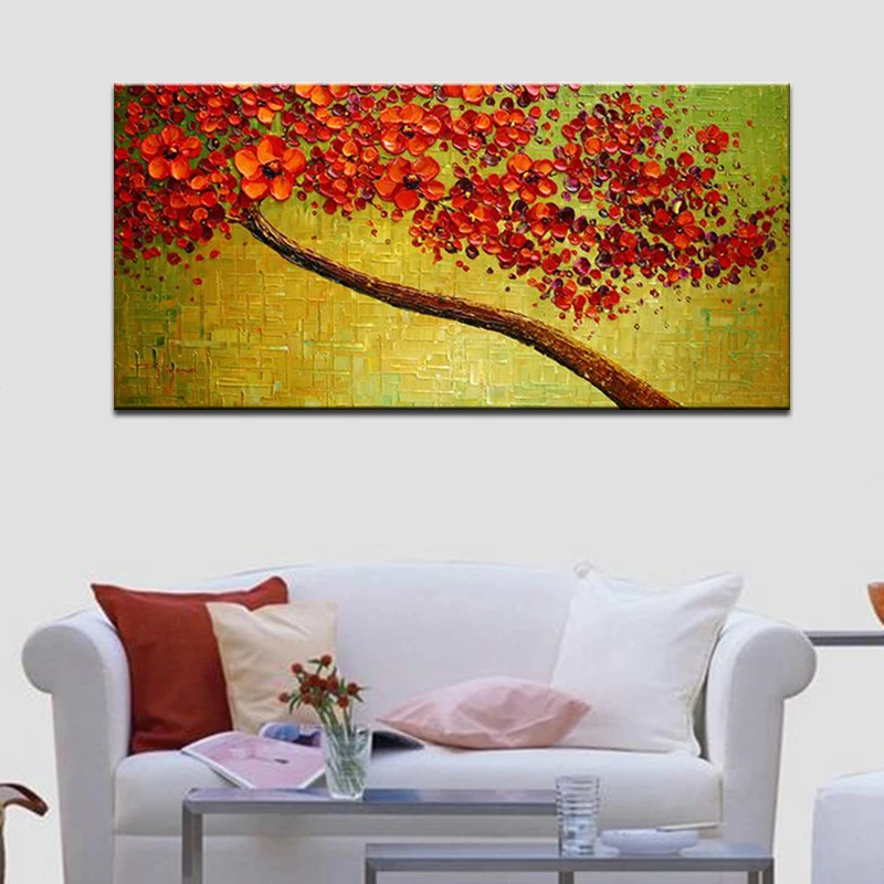 Modern Hand-painted Abstract Pictures Red Cherry Blossom Tree and Flowers Palette Knife Oil Paintings on Canvas 3D Wall Decor