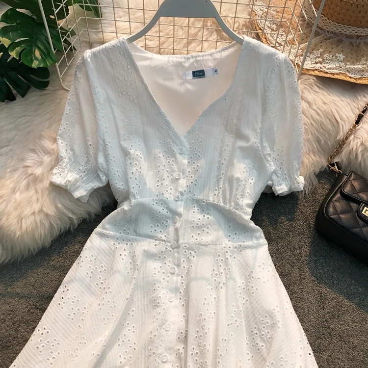 Новые модные женские летние платья с вышивкой и v-образным вырезом, с высокой талией, с коротким рукавом, Белое Женское платье