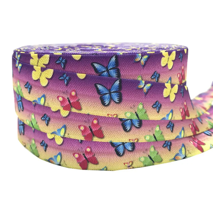

10yard Colorful butterfly Print Fold Over Elastic FOE Ribbon for DIY Apparel Sewing Accessories Headwear Elastic Band