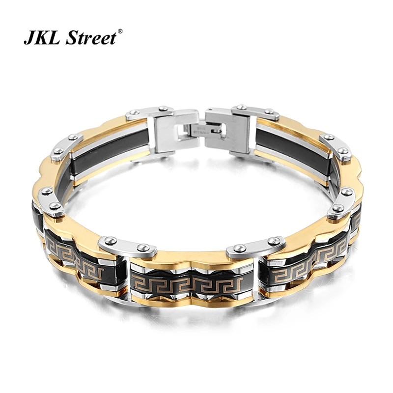 Stainless Steel Luxury Gold Color With Black Plate Greek key Men's Bracelet Modern Men's Bangle