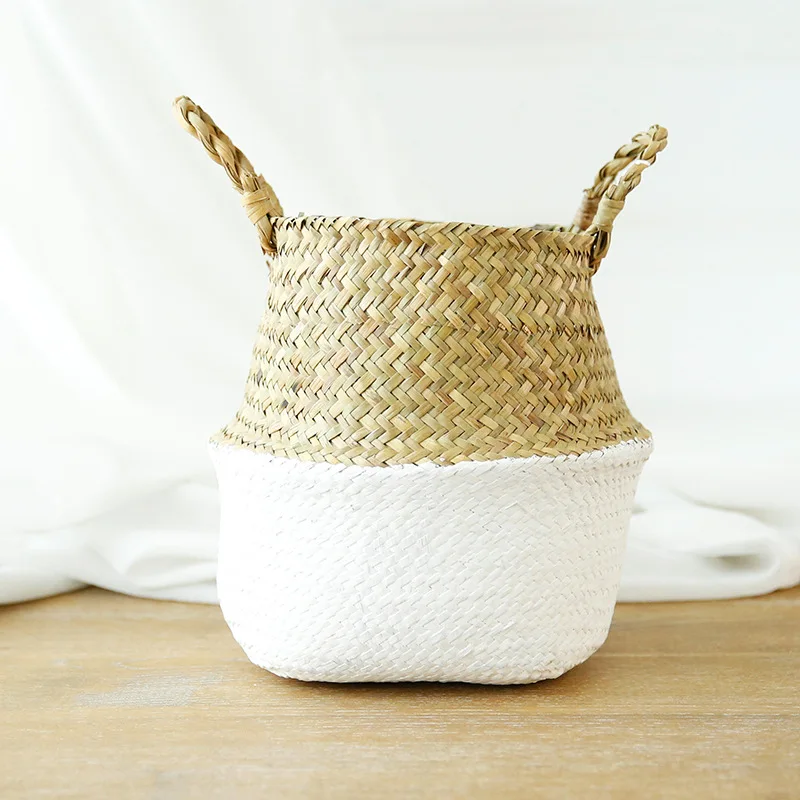 Garden Plant Flower Pot Handmade Rattan Storage Basket Foldable Seagrass Straw Hanging Woven Handle Toy Storage Container 1Pc