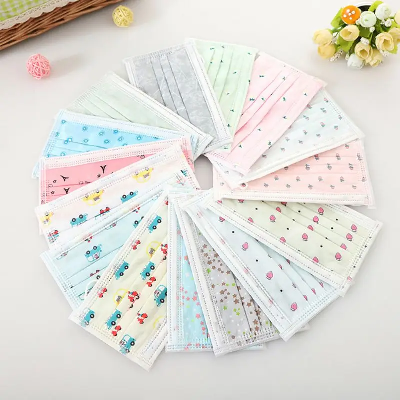 

10Pcs/Set Women Girls Disposable Dustproof Face Mouth Mask Colorful Cartoon Printed Respirator 3 Layers Non-Woven Medical Earloo