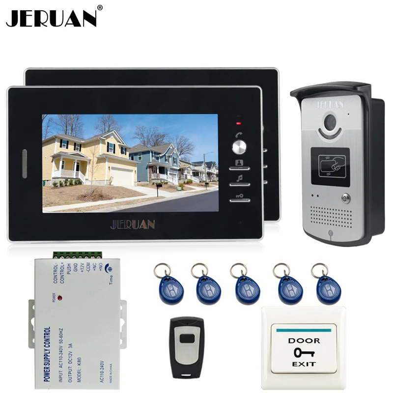 

JERUAN 7 inch Video Door Phone Intercom System kit 2 Black Monitor 700TVL RFID Access IR Night Vision Camera For 2 Household