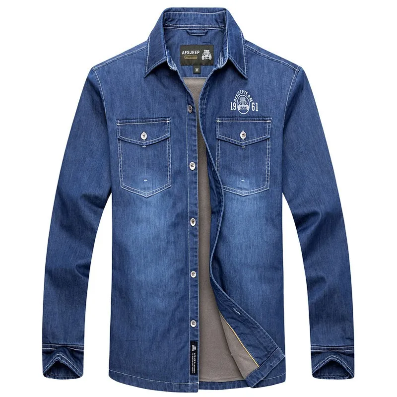 2015 Brand AFS JEEP Winter Autumn Denim Fleece Thick Men Dress Shirt Warm Fashion Long Sleeve Plus Size Hombre Vestidos Business