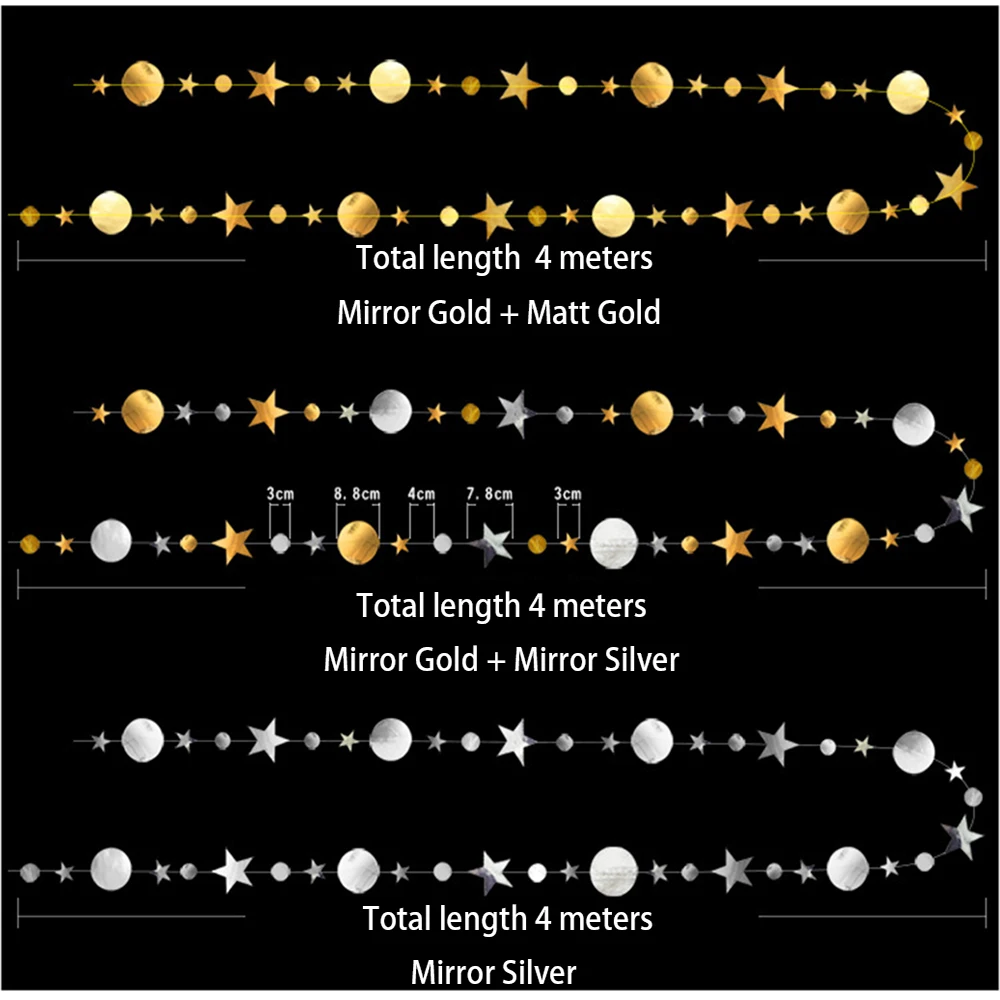 HAOCHU 4 метра принадлежности для дня рождения Зеркало Золотой Серебряный круг в горошек баннеры пентаграмма звезда гирлянды Свадебный домашний декор DIY