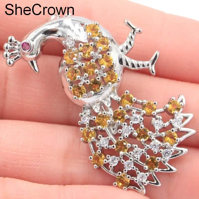 

New Designed Peacock Shape Golden Citrine,Tourmaline CZ Silver Brooch 46x29mm