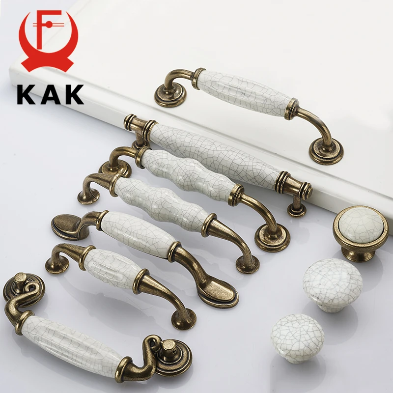 KAK 5pcs/lot Antique Bronze Crack Ceramic Cabinet Handles Zinc Alloy Drawer Knobs Wardrobe Door Handle European Furniture Handle