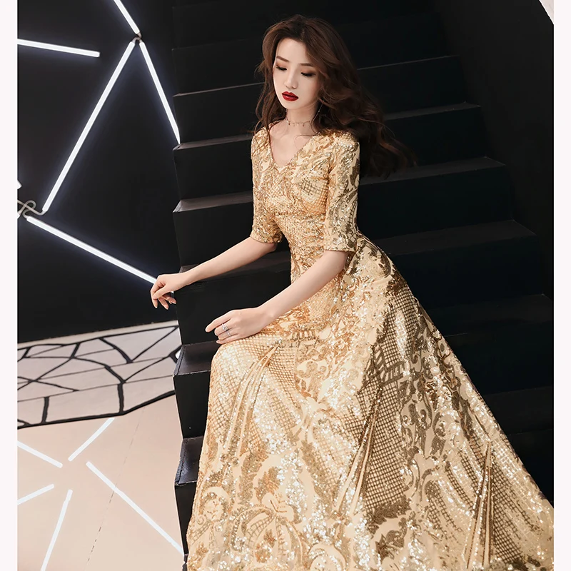 weiyin Gold Wine Red Evening Dresses Long 2019 Elegant V-neck A-line Floor-Length Sequined Formal Evening Gown WY1082