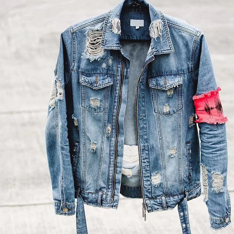 DARK ICON Gesture Embroidery Front Zipper Destroyed Jeans Jacket Men High Street Ripped Denim Jackets Men's Jacket DARK ICON Gesture Embroidery Front Zipper Destroyed Jeans Jacket Men High Street Ripped Denim Jackets Men's Jacket