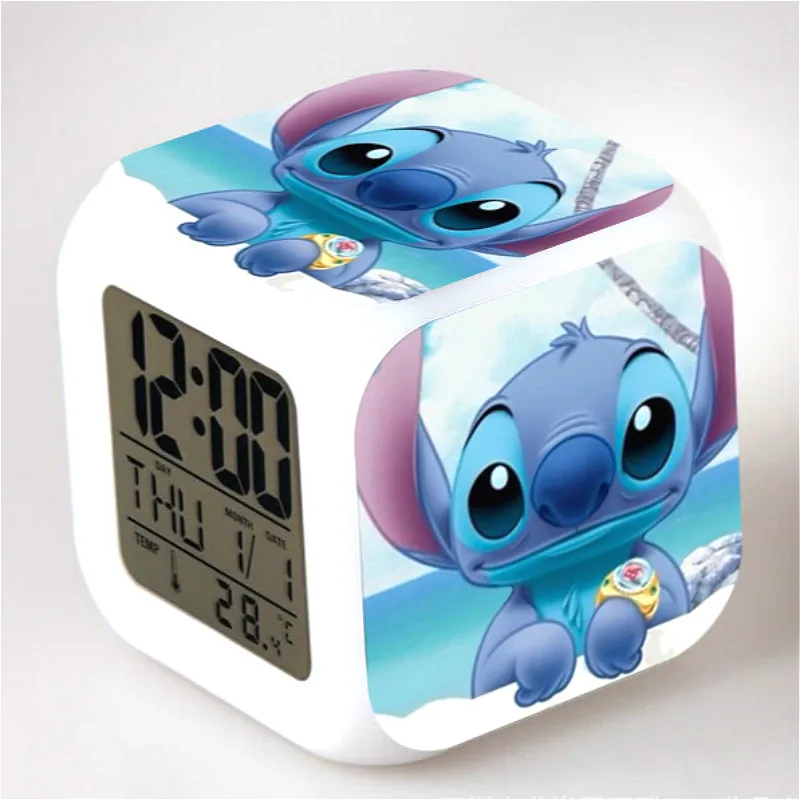 

Cartoon Kids Alarm Clock Toys Lilo & Stitch Bedroom Clock LED 7 Color Flash Digital Alarm Clock Wake Up Light Reveil Table Clock
