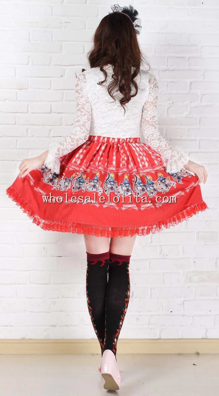 Милая Красная плиссированная юбка-Лолита с концертным принтом «Алиса»