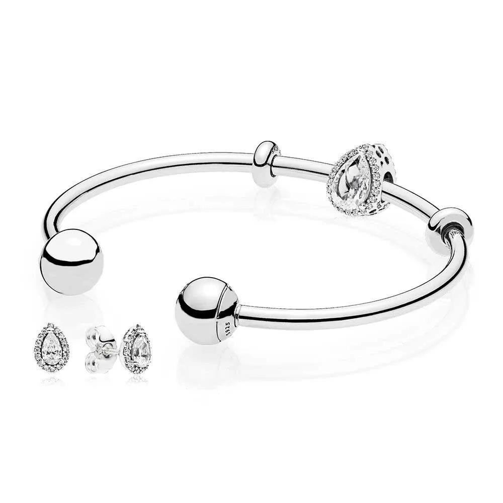 

NEW 925 Sterling silver Radiant Teardrop Open Bangle and Earrings Set Clear CZ fit DIY charm Bracelets jewelry A set of prices