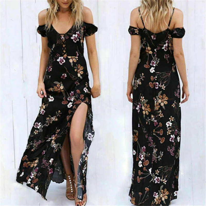 

Retro Vestidos Boho Dress Robe Women Bohemia V-Neck Off Shoulder Strap Floral Print Ethnic Beach Long Sexy Dress Hot Sale