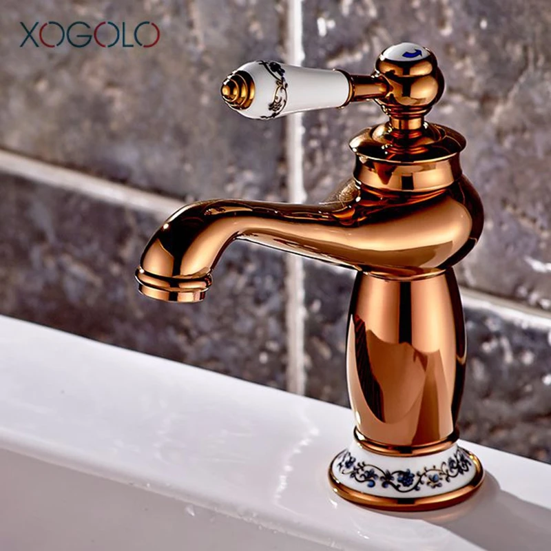

Xogolo Fashion Rose Gold Sink Tap Solid Brass Faucet Single Handle Jade Mosaic Bathroom Basin Mixer Accessories
