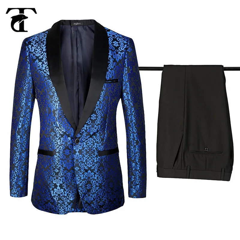 

2017 New Print Men Suits Slim Brand Quality Groom floral designer Fashion Bridegroon Business Dress Wedding Blue Suits Blazer