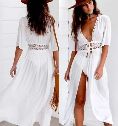 

2018 Women Beach Bikini Cover up White Hollow Out Ladies Long Kaftan dress Summer Lace up Long Maxi Dress Swimwear