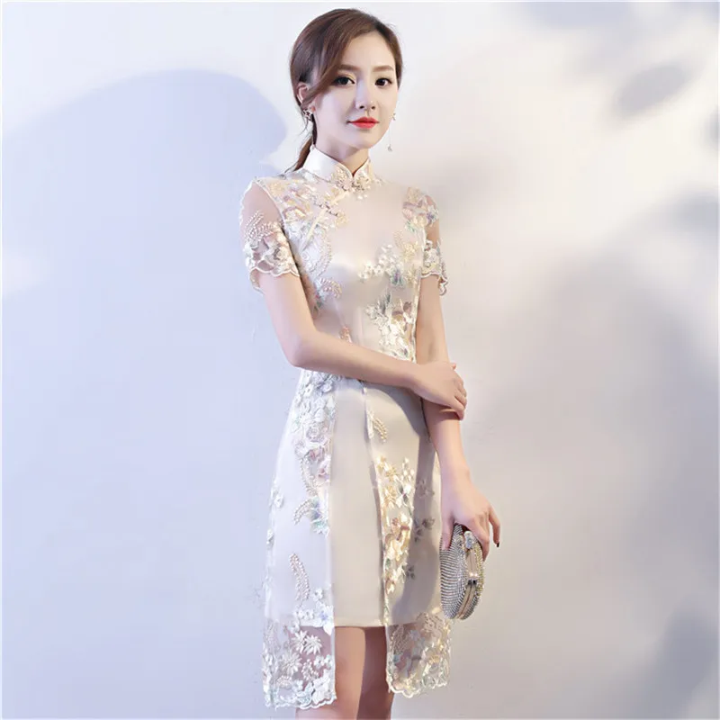 

Elegant White Women Chinese Style Party Dress Vintage Lace Embroidery Floral Mini Cheongsam Lady Sexy Mandarin Collar Qipao
