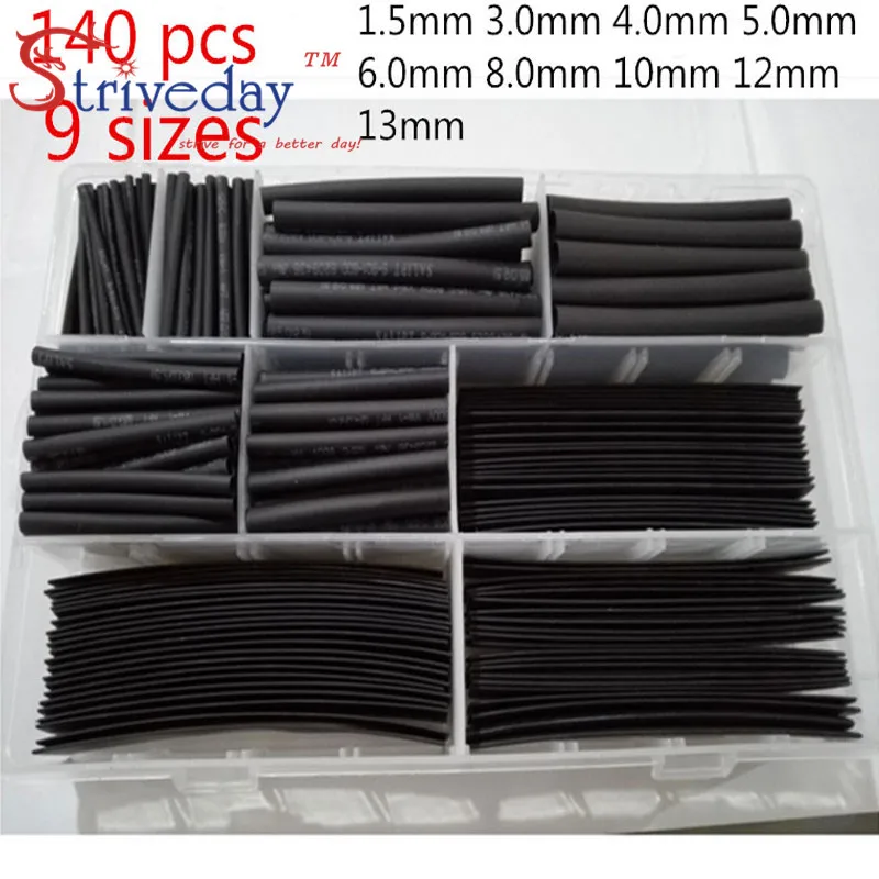 

140Pcs 1MM 2MM 3MM 4MM 5MM 6MM 8MM 10MM 12MM Assortment Ratio 2:1 Polyolefin Heat Shrink Tube Tubing Sleeving Wire Cable Kit