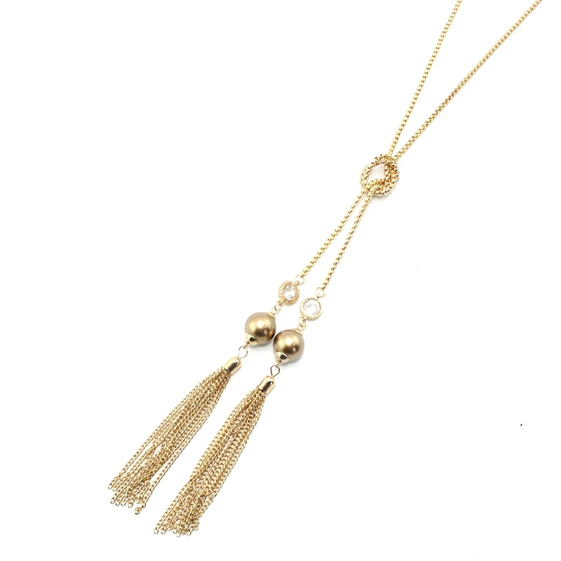 

Office Cute Style Double Golden Simulated Pearl Tie Link Chain Double Long Tassel Necklace for Women and Girl