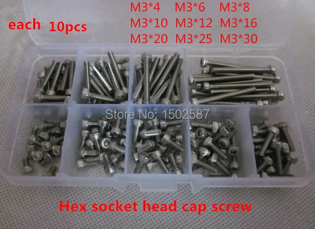 

Hex Socket Head Cap Screw M3 Qty 90pcs in Box Assortment Kits SUS 304 M3*4 to M3*30mm