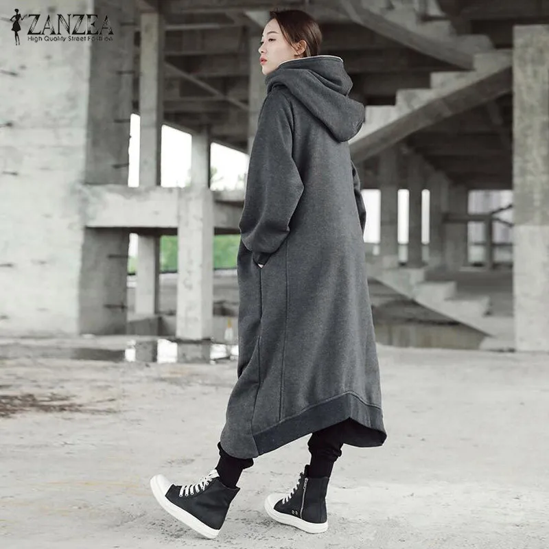 astounding  ZANZEA Autumn Hoodies Sweatshirt Coat Fashion Women Solid Zip Up Outwear Loose Winter Fleece Long J