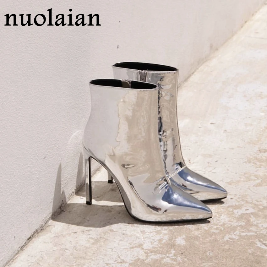Achat Argent En Cuir Verni Cheville Bottes 10.5 cm Talons hauts Bottes Femmes Chaussures D hiver Femelle Bout Pointu Botas Femme Printemps Automne bottes
