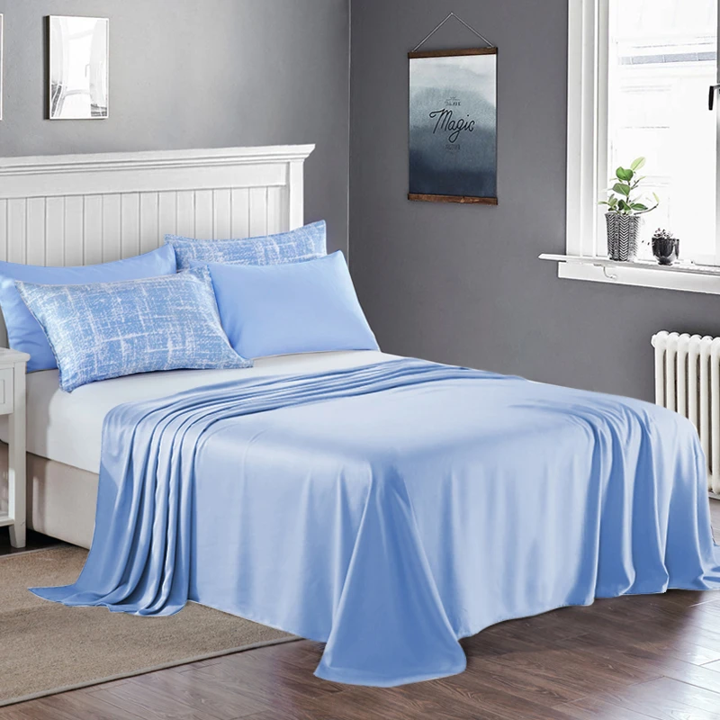 

1 piece Summer Cool Solid Pattern Sheets Tencel Cotton Flat Sheet Blue Plain Bed Sheet For Home King Queen Twin Size For Adults