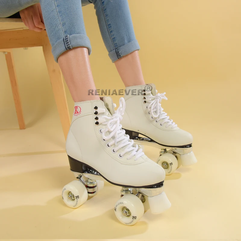 زلاجات دوارة حقيقية مزدوجة خط الزلاجات الكبار 4 عجلات اثنين خط الأبيض معدن من خليط الألومنيوم الهيكل إطارات بولي يوريثان