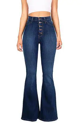 Синие расклешенные обтягивающие джинсы женские с высокой талией пуговицы Плюс Размер Брюки Полная длина прикладочные повседневные модные джинсы - Цвет: dark blue