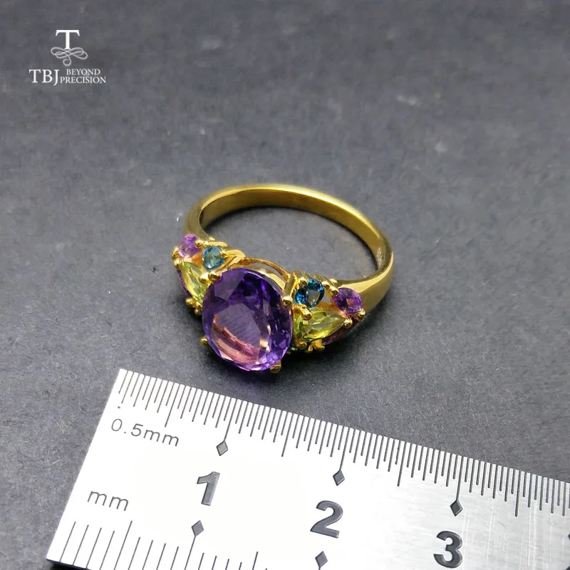TBJ,Natural Colorful Gemstone Rings with Amethyst peridot topaz in 925 sterling silver yellow gold color,best gift for women