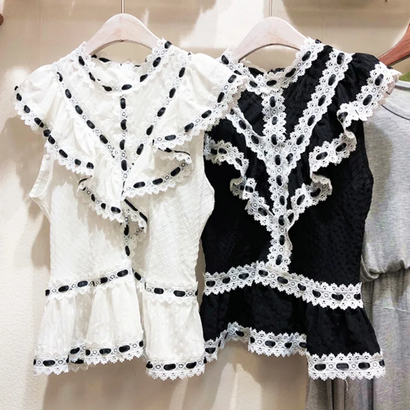 

[EWQ] 2019 summer new sweet style Hook flower lace sleeveless Tank Tops ruffles women blouse loose Casual feminina shirt QJ76900