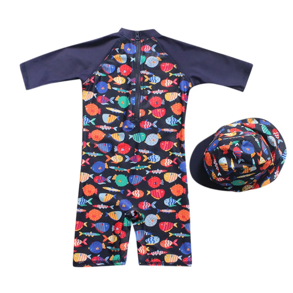 Telotuny/детский купальный костюм для мальчиков и девочек, Цельный купальник с рисунком рыбы+ шляпа, комплект купальников, летний купальный костюм#40 - Цвет: 1-2 Years