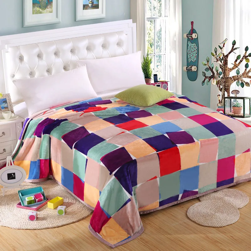 SunnyRain Colorful Grid Fleece Blanket Queen Size Blankets For Beds 310GSM Throw Blanket Cobertor Soft Feeling