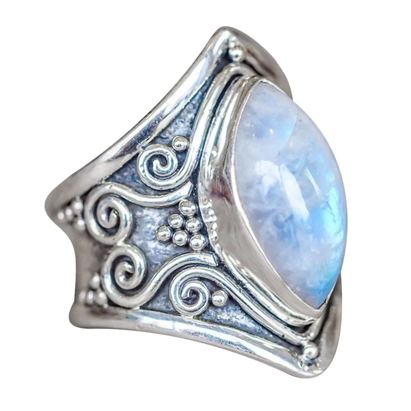 2018 New Arrival Fashion Boho Jewelry Silver Natural Gemstone Marquise Moonstone Personalized Rings for women Ring Set J13#N (5)