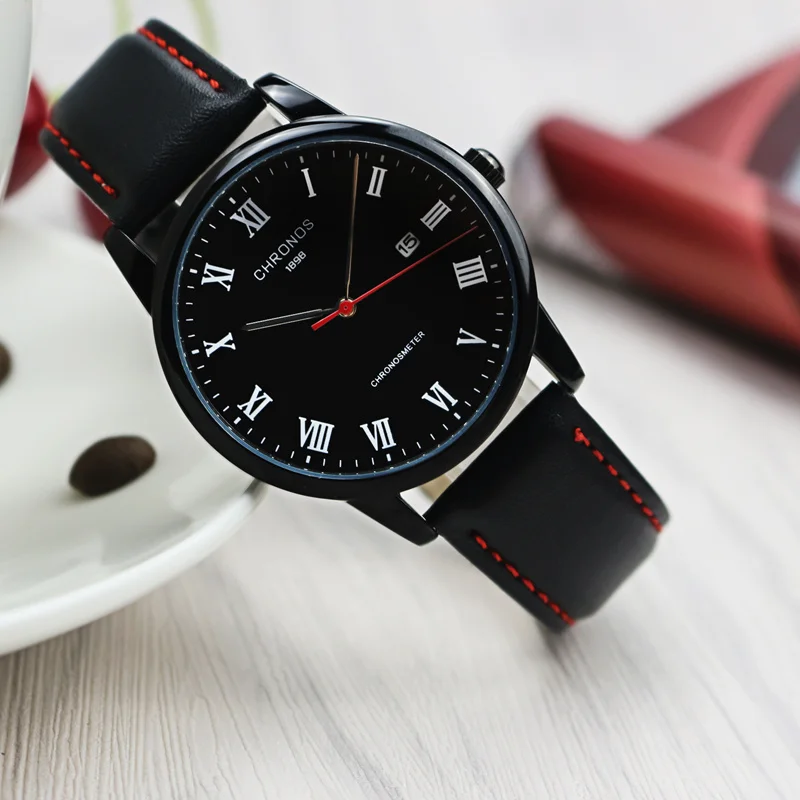 CHRONOS Brand 1898 Business Watch Men Watch Genuine Leather Men's Watch Auto Date Watches Clock relogio masculino reloj hombre