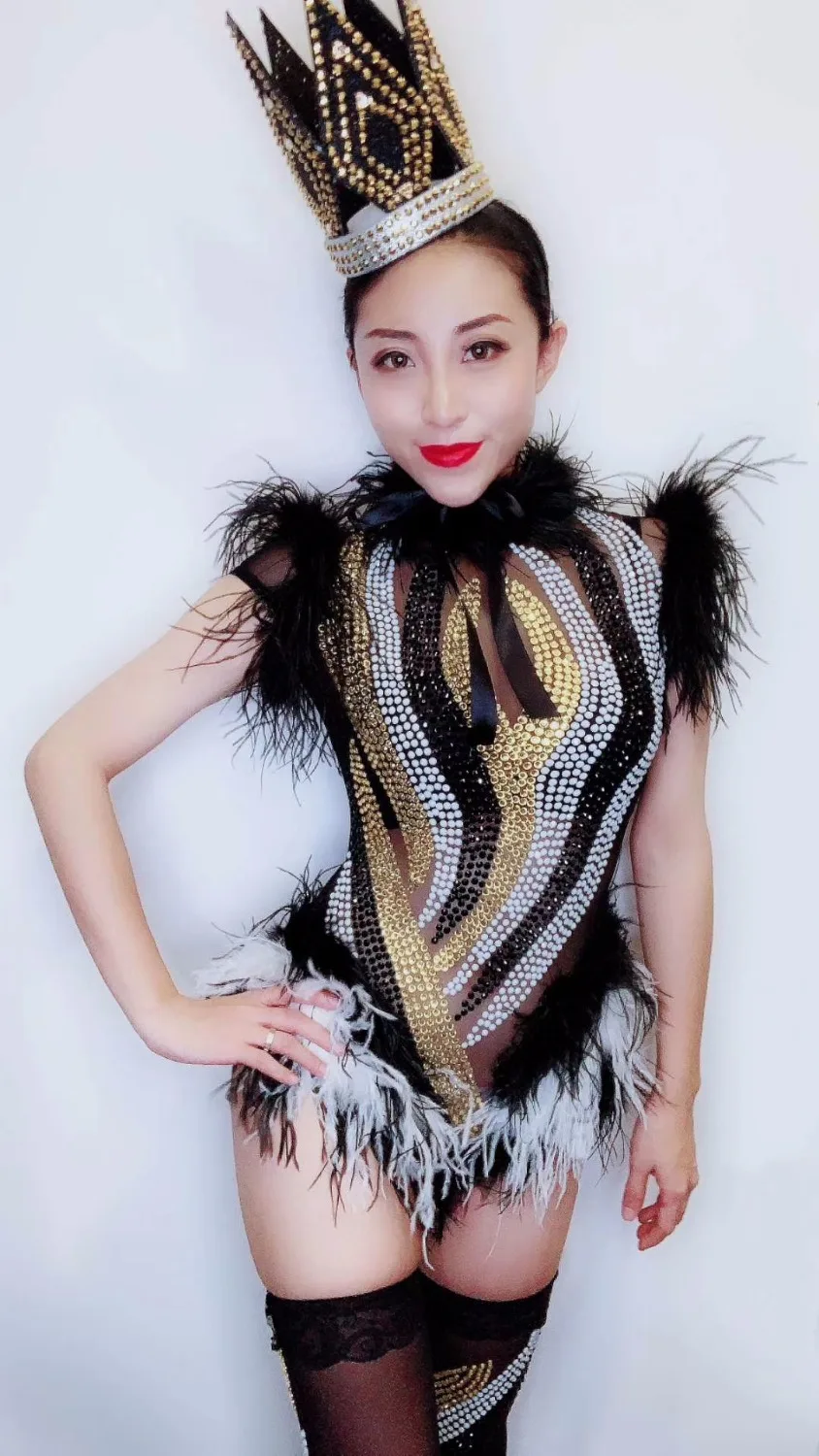

2019 Sparkly Rhinestones Black White Feather Mesh Bodysuit Leggings Nightclub Women Dance Performance Outfit Birthday Party Wear