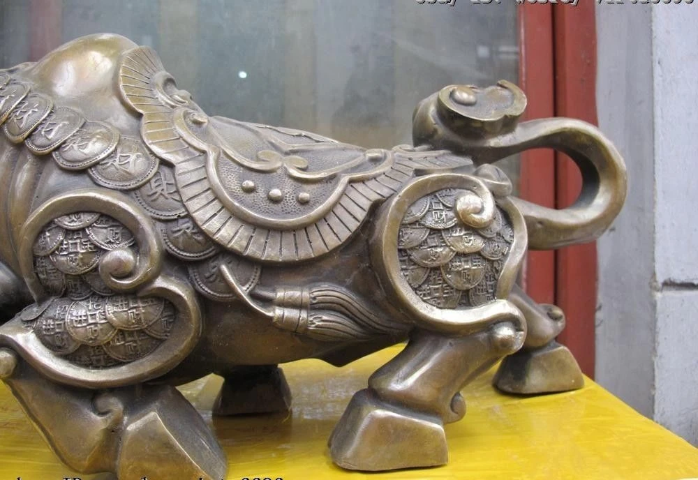 9 Китайский народный Бронзовый Медь Ruyi повезло Богатство Монета крупного рогатого скота бык дикий бык статуя