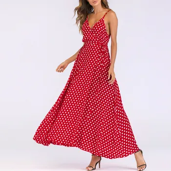 

Fashion Women V-Neck Sleeveless Caims Beach Polka Dot Bandage Long Maxi Bohemian Dress Polyester Summer A-Line#45