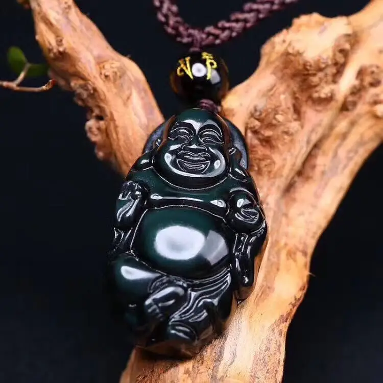 

Chinese Natural Colours Obsidian Hand-Carved Blessing Maitreya Buddha Pendant