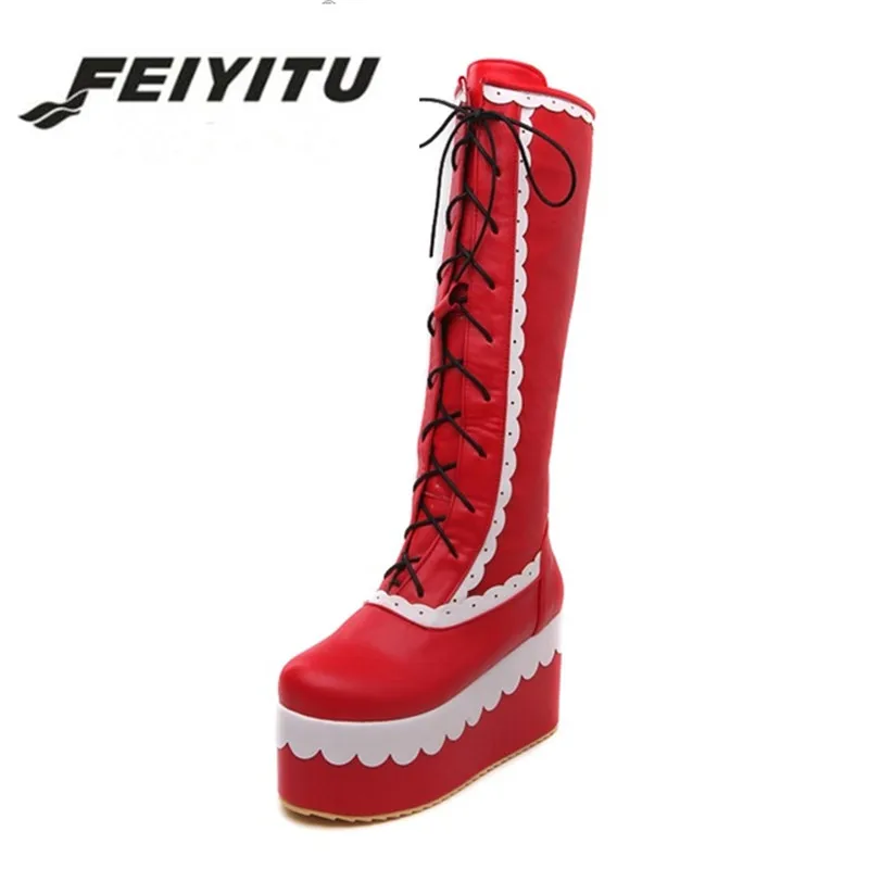 

feiyitu NEW large size thick platform cosplay patchwork girls shoes women fashion wedge high heel lace up add fur winter boots