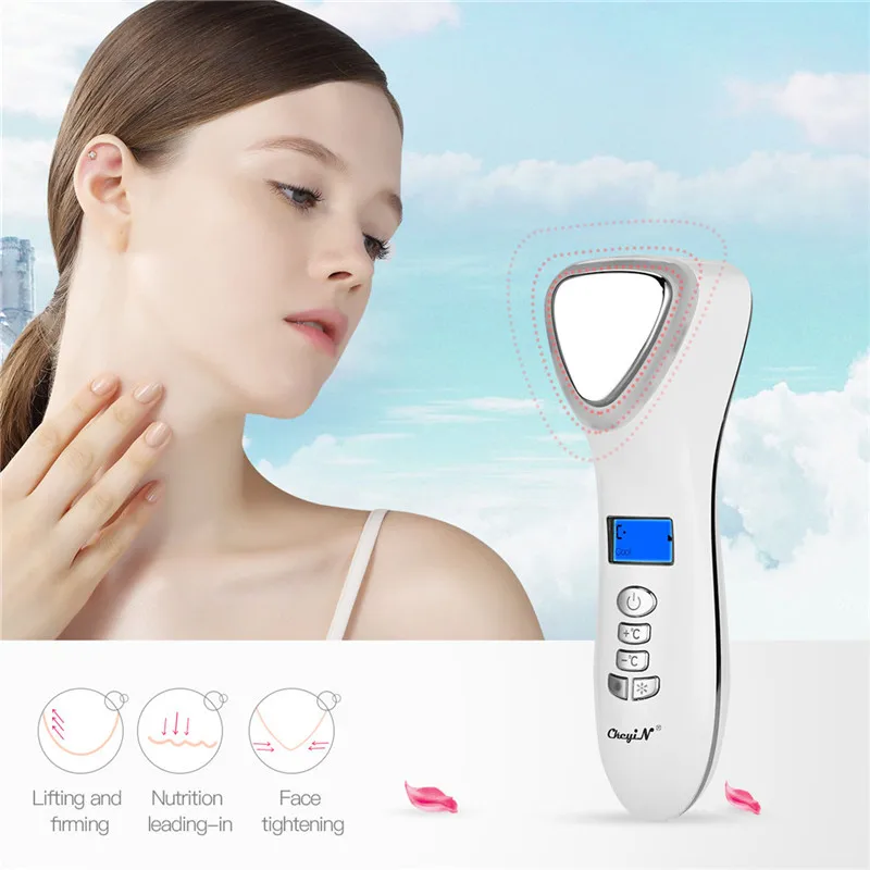 Cuidados com a Pele Dispositivo da Beleza Ckeyin Quente Frio Martelo Rosto Massageador Vibração Ultra-sônica Led Luz Fóton Limpeza Profunda Facial Purificador & 7 Cheap Powered Dispositivos De Limpeza Facial