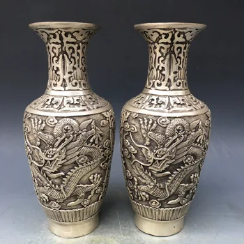 

antique QingDynasty silver vase,drgaon bottle,a pair, Hand carved crafts,Decoration,collection &Adornment,Free shipping