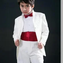 Сделанный на заказ белый детский длинный фрак со стоячим воротником детский смокинг свадебный костюм наряд для мальчиков(куртка+ брюки+ галстук+ жилет) G888