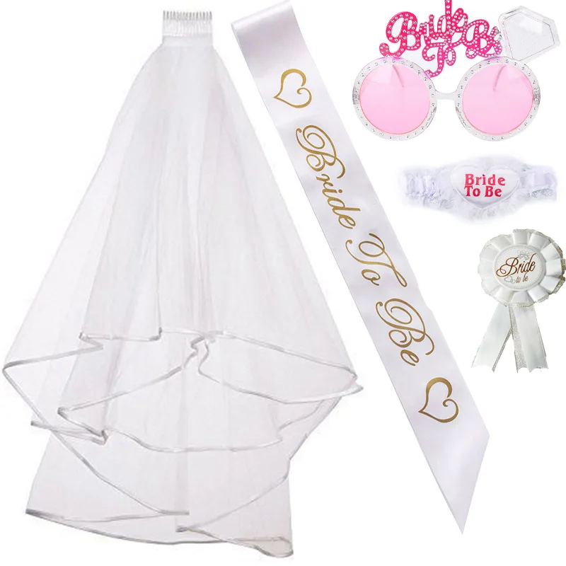 

White Bride To Be Wedding Decorations Etiquette Band Badge Leg Ring Veil Suit Bachelorette Party Bride Veil Party Decorations