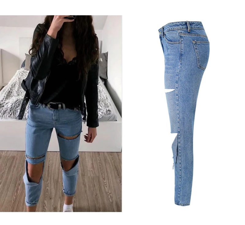 Women's high waist loose straight jean nine point pants knee hole wash street popular fall and winter (3)